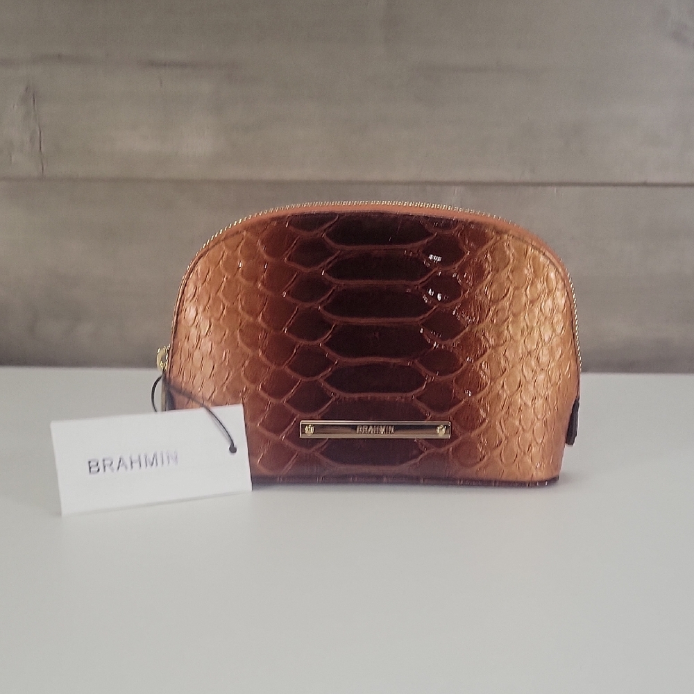 Brahmin Tina Brown Metallic Copper Croc Embossed Leather Cosmetic Pouch NWT